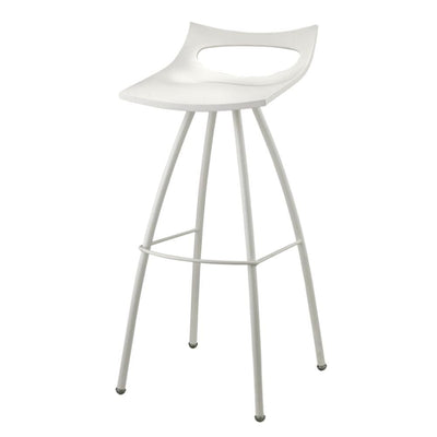 Banco alto de barra Labenze Diablito blanco con respaldo bajo, asiento en tecnopolímero y estructura de acero con descansa pies.