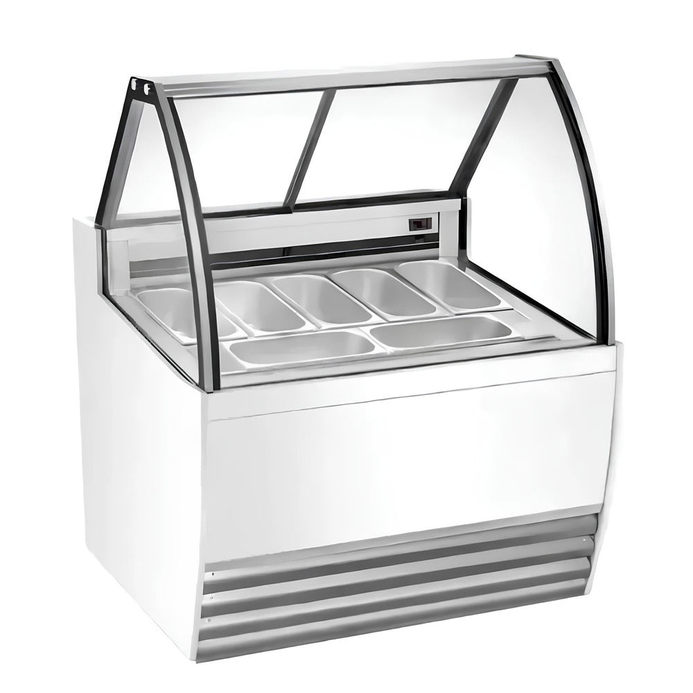 Vitrina Migsa DW-7, vitrina exhibidora cristal curvo, en acero inoxidable.