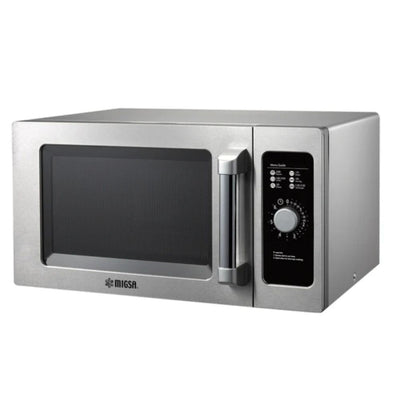 Horno Microondas Migsa MC09A, alimentos palomitas comida rápida, en acero inoxidable.