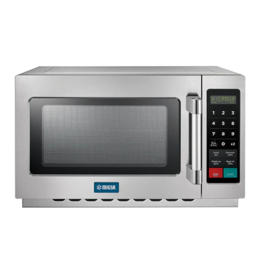 Horno Microondas Migsa MC09D, alimentos palomitas comida rápida, en acero inoxidable.
