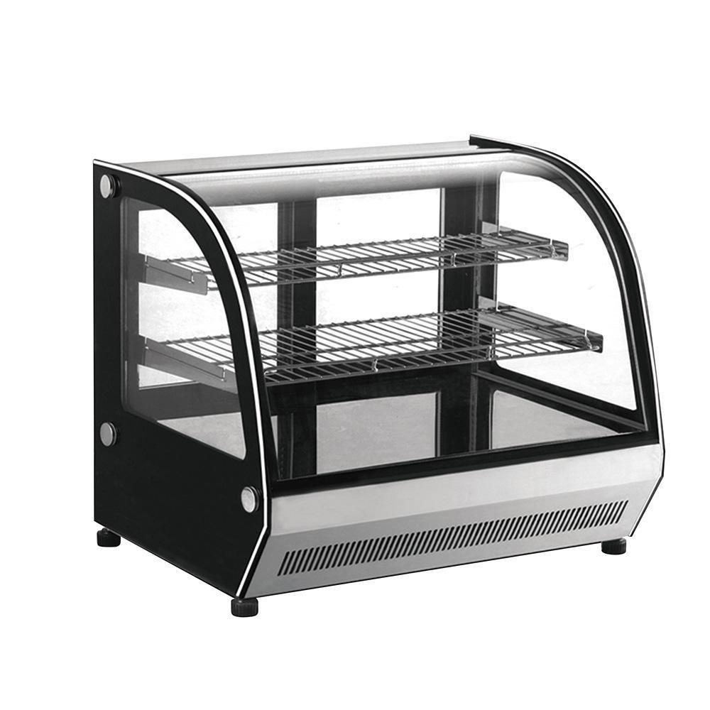 Vitrina exhibidora refrigerada Migsa GN-1200CT de cristal curvo frontal y laterales, acero inoxidable con 2 entrepaños, frente de 120 cm, 190 litros.