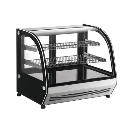 Vitrina exhibidora refrigerada Migsa GN-1200CT de cristal curvo frontal y laterales, acero inoxidable con 2 entrepaños, frente de 120 cm, 190 litros.
