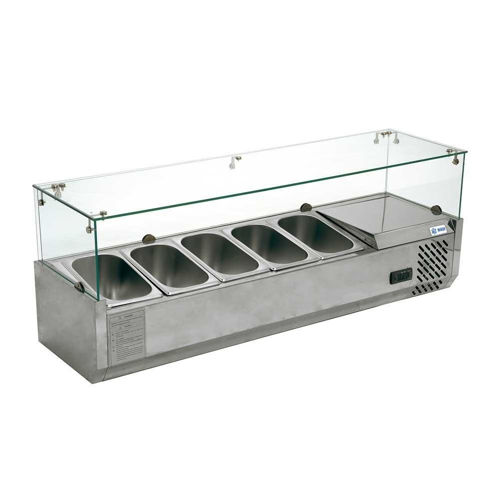 Vitrina refrigerada Migsa RT-1200L para ensaladas y pizzas sobre mesa, acero inoxidable con 5 insertos Gastronorm de 1/4 y cristal contra estornudos, frente de 120 cm.