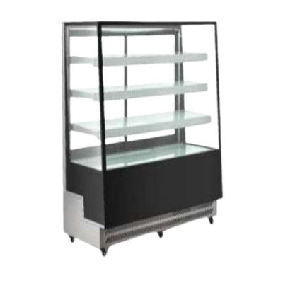 Vitrina refrigerada de piso Migsa ARC-300L en lámina de acero color negro, 4 caras de cristal doble y 3 entrepaños ajustables, frente de 65 cm, 350 litros.