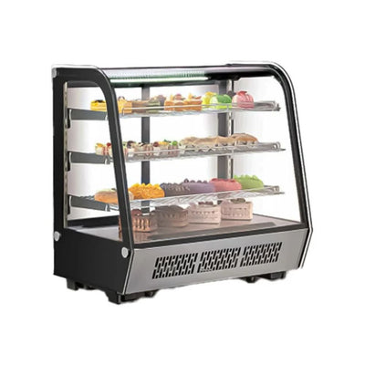 Vitrina refrigerada Migsa CW-295R de cristal curvo con 4 niveles de exhibición, frente de 152 cm, 363 litros, color acero y negro.