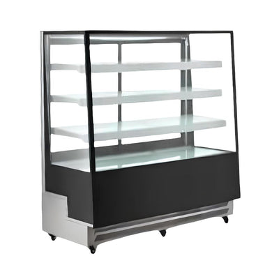 Vitrina refrigerada de piso Migsa ARC-500L en lámina de acero color negro, 4 caras de cristal doble y 3 entrepaños ajustables, frente de 120 cm, 650 litros.