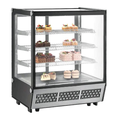 Vitrina refrigerada Migsa CW-235 de cristal recto con 4 niveles de exhibición, frente de 122 cm, 288 litros, color acero y negro.