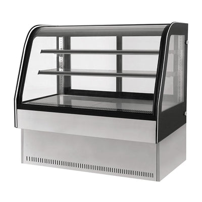Vitrina exhibidora refrigerada Migsa GN-1500C2 de cristal curvo templado con 2 entrepaños de cristal y puertas deslizables, acero inoxidable, frente de 150 cm, 387 litros.
