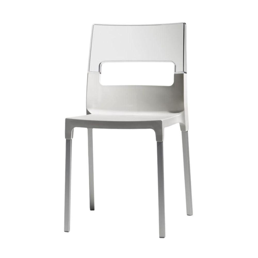 Silla Labenze Diva con respaldo transparente, asiento de polipropileno y patas de aluminio cuadrado