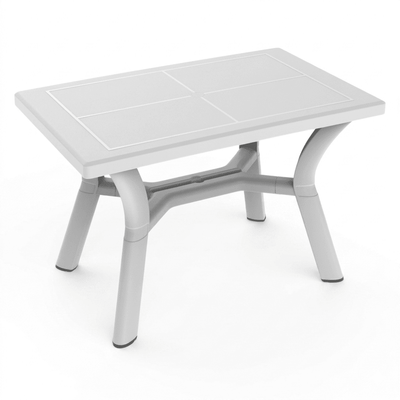 Mesa rectangular Resol Dalia 115x72 blanca en polipropileno con agujero para parasol.