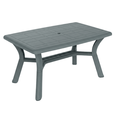 Mesa rectangular Resol Dalia 140x90 en polipropileno con agujero para parasol y tacos antideslizantes.