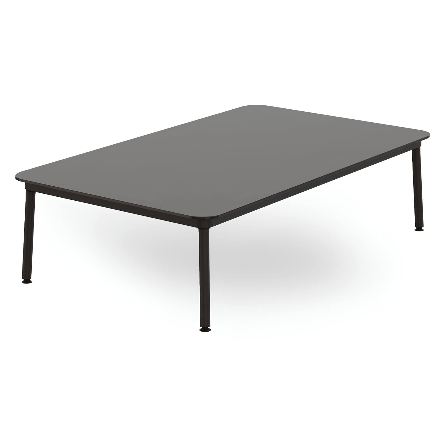Mesa comercial baja Resol Hub 150x90 con estructura de aluminio lacado y tablero HPL