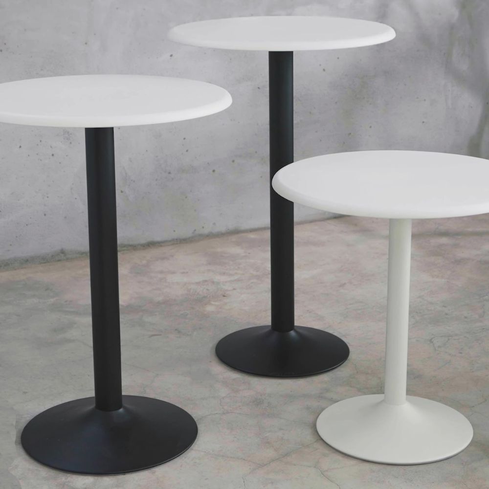 Mesa periquera redonda Offiho Heron-3 con pedestal de acero y cubierta blanca de polipropileno