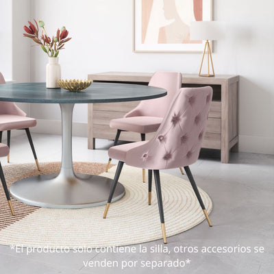 Silla comercial Zuo Piccolo rosa tapizada en terciopelo con patas de acero y detalle en latón