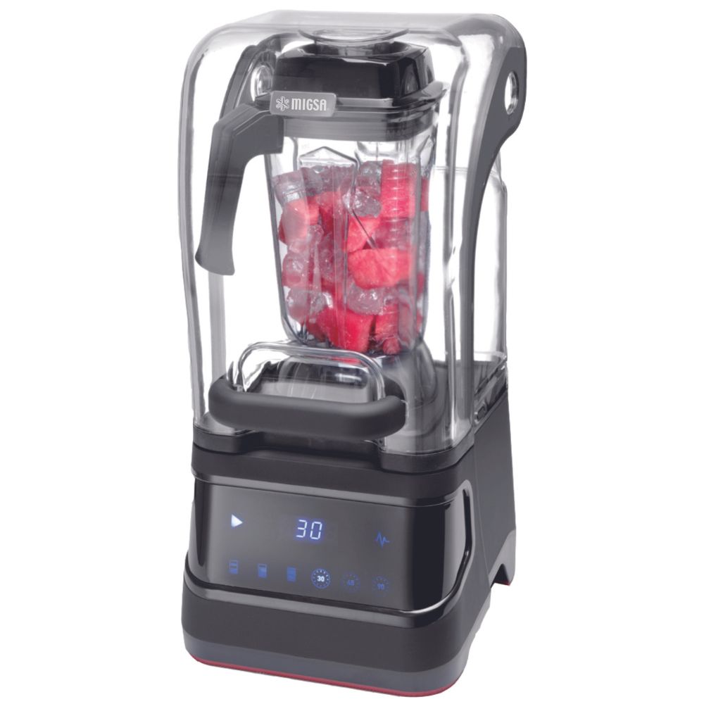 Migsa Licuadora comercial digital bajo nivel ruido, aspas especiales de acero inoxidable, capelo de acrílico, bastón empujador, botón encendido y apagado, base de policarbonato, capacidad 2.5 litros. Ideal para Frapuchinos, smoothies, salsas, licuados, hielo, etc. Envíos seguros a todo México. Cotiza hoy mismo.