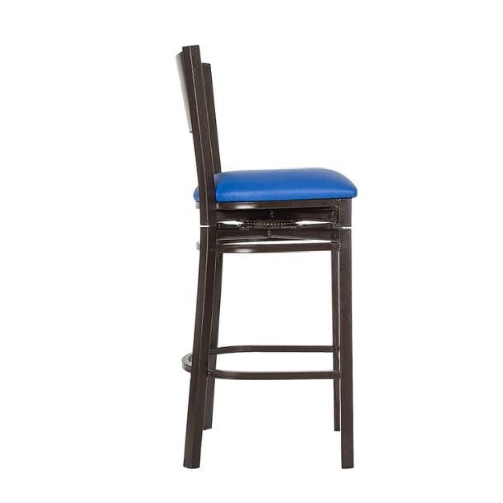 Banco comercial Albar AR-185 G con asiento tapizado, respaldo en lámina de acero y estructura de tubo cuadrado.