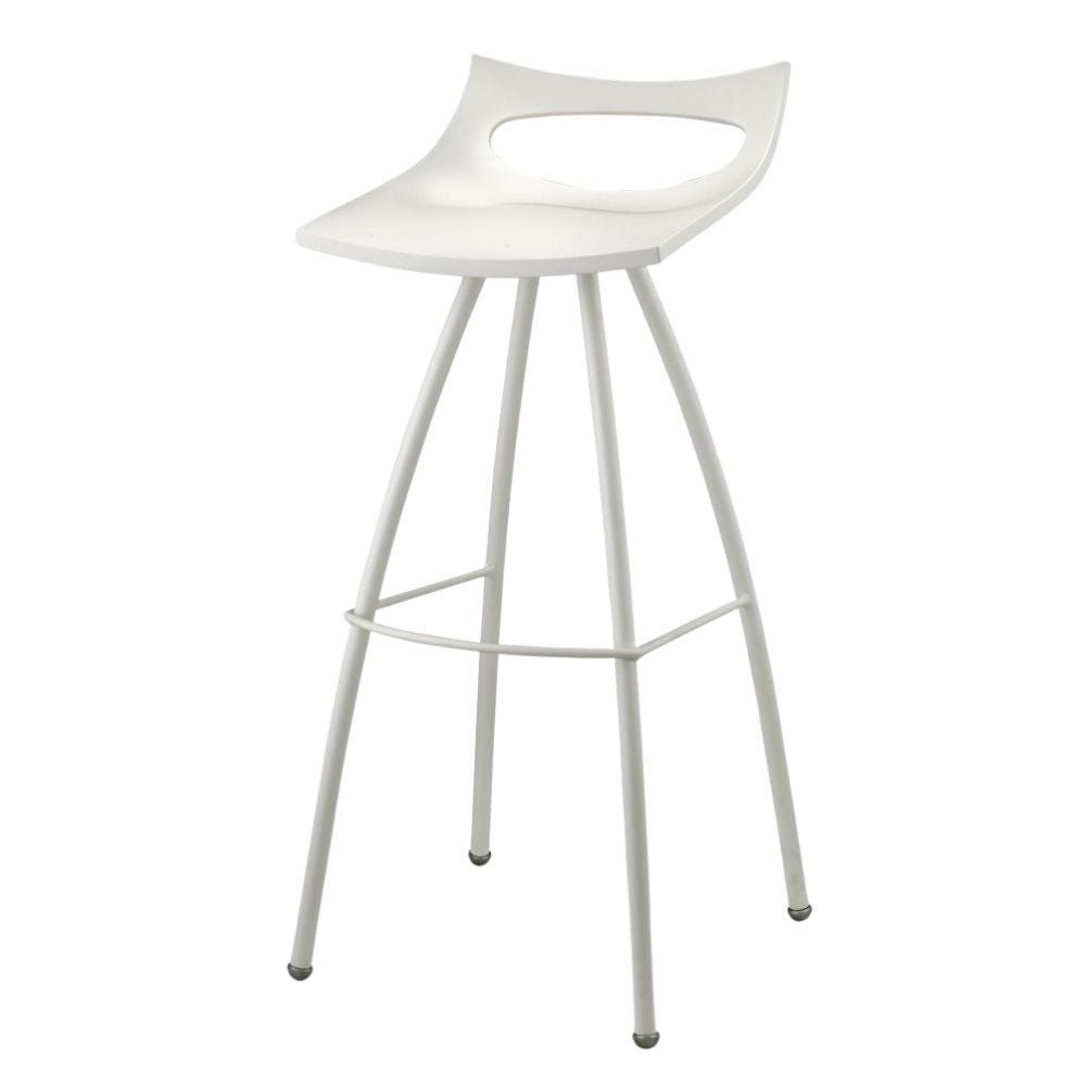 Banco alto de barra Labenze Diablito blanco con respaldo bajo, asiento en tecnopolímero y estructura de acero con descansa pies.
