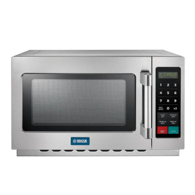 Horno Microondas Migsa MC09D, alimentos palomitas comida rápida, en acero inoxidable.