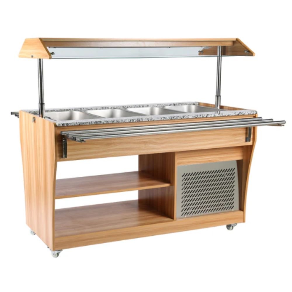 Mesa buffetera refrigerada móvil Migsa RTS-1490L de 4 insertos enteros, cuerpo en madera teka con cubierta de granito rosa perrino.