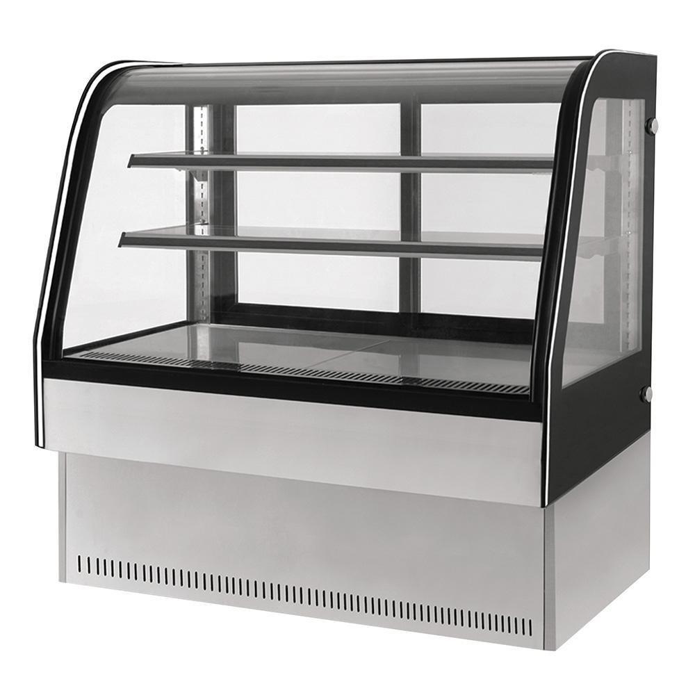 Vitrina exhibidora refrigerada Migsa GN-1200C2 de cristal curvo templado con 2 entrepaños de cristal y puertas deslizables, acero inoxidable, frente de 120 cm, 306 litros.