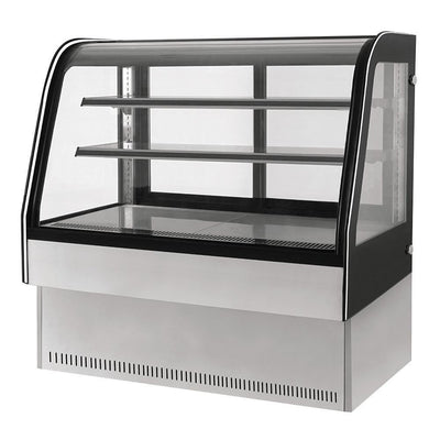 Vitrina exhibidora refrigerada Migsa GN-1200C2 de cristal curvo templado con 2 entrepaños de cristal y puertas deslizables, acero inoxidable, frente de 120 cm, 306 litros.