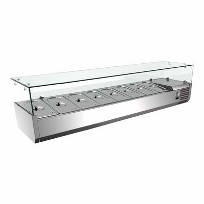 Vitrina refrigerada Migsa RT-1800L para ensaladas y pizzas sobre mesa, acero inoxidable con 8 insertos Gastronorm de 1/4 y cristal contra estornudos, frente de 180 cm.