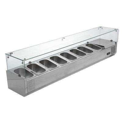 Vitrina refrigerada Migsa RT-1800L para ensaladas y pizzas sobre mesa, acero inoxidable con 8 insertos Gastronorm de 1/4 y cristal contra estornudos, frente de 180 cm.