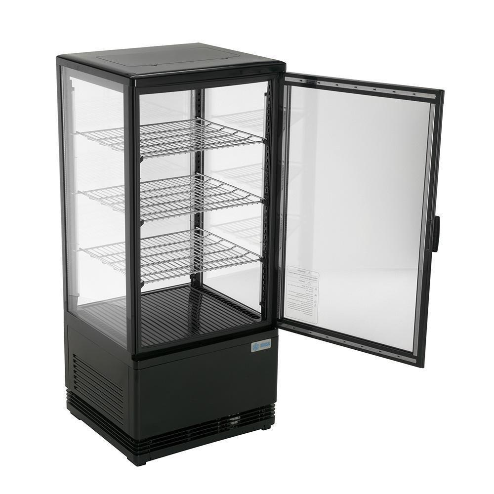 Refrigerador Migsa RT-78L de exhibición panorámica, 1 puerta recta de cristal, 78 litros, cuerpo esmaltado negro.