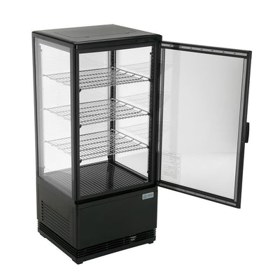 Refrigerador Migsa RT-78L de exhibición panorámica, 1 puerta recta de cristal, 78 litros, cuerpo esmaltado negro.
