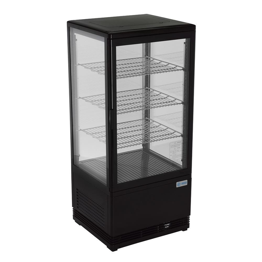 Refrigerador Migsa RT-78L de exhibición panorámica, 1 puerta recta de cristal, 78 litros, cuerpo esmaltado negro.
