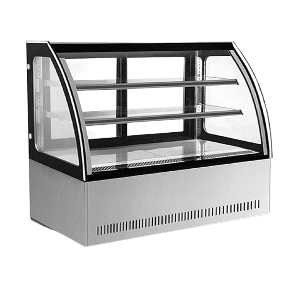 Vitrina exhibidora refrigerada Migsa GN-1800C2 de cristal curvo templado con 2 entrepaños de cristal y puertas deslizables, acero inoxidable, frente de 180 cm, 464 litros.