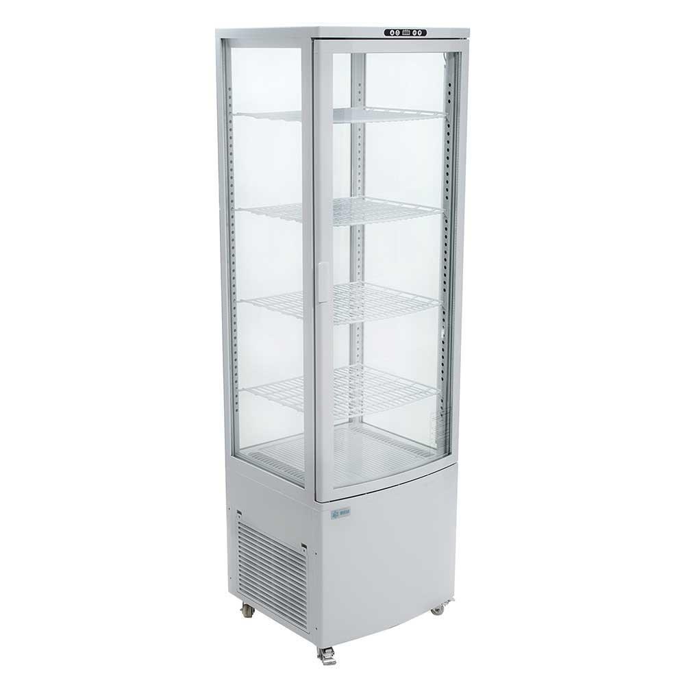 Refrigerador Migsa RT-235L de exhibición panorámica, puerta abatible de cristal curva y 4 caras de cristal, 235 litros, color blanco.