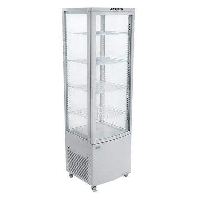 Refrigerador Migsa RT-235L de exhibición panorámica, puerta abatible de cristal curva y 4 caras de cristal, 235 litros, color blanco.