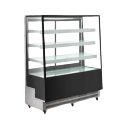 Vitrina refrigerada de piso Migsa ARC-400L en lámina de acero color negro, 4 caras de cristal doble y 3 entrepaños ajustables, frente de 90 cm, 500 litros.