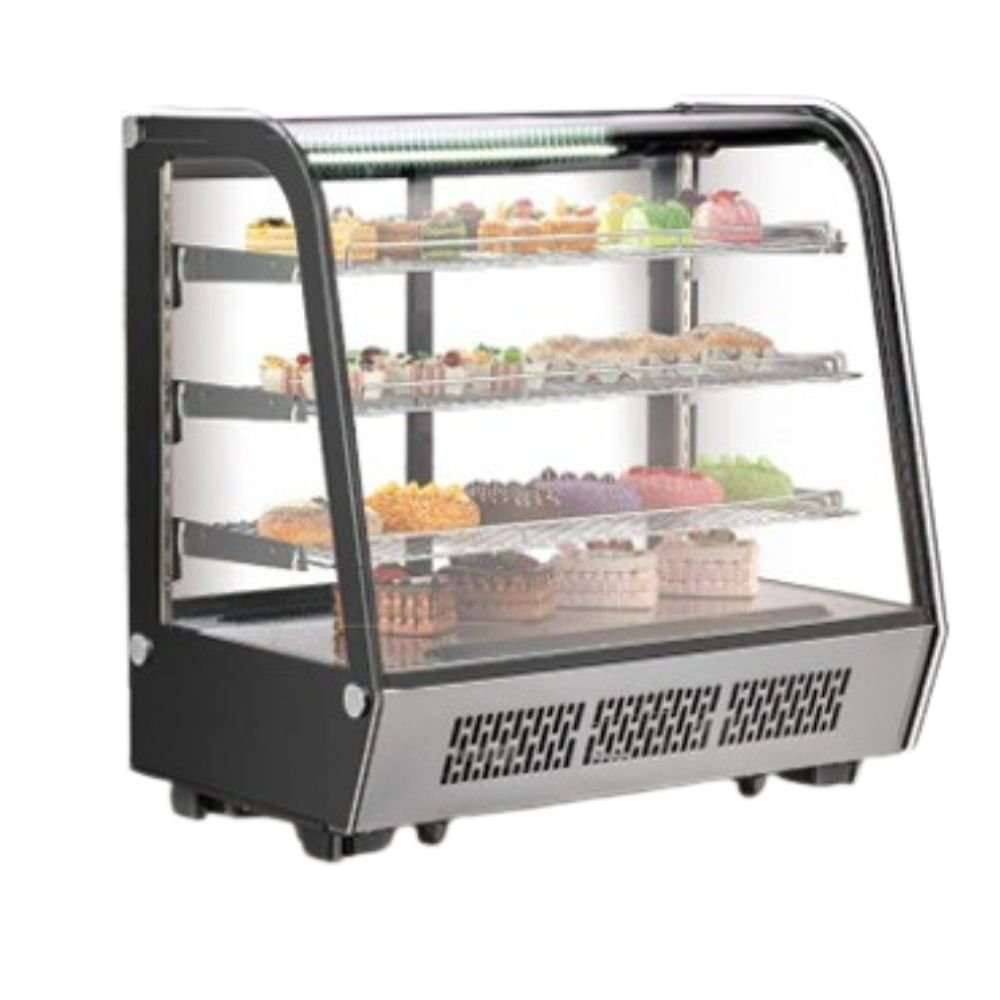 Vitrina refrigerada Migsa CW-145R de cristal curvo con 4 niveles de exhibición, frente de 70.2 cm, 145 litros, color acero y negro.