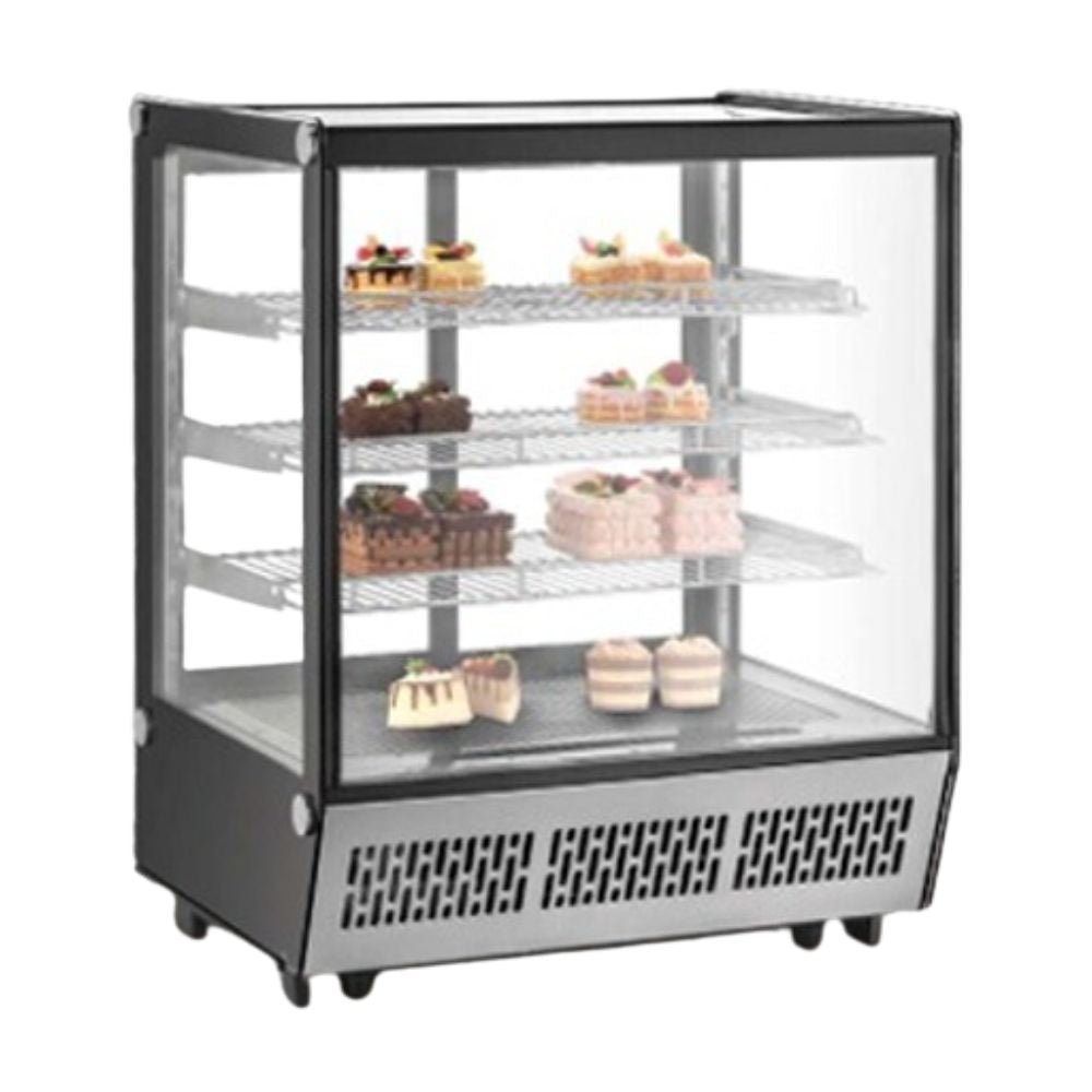 Vitrina refrigerada Migsa CW-195 de cristal recto con 4 niveles de exhibición, frente de 88 cm, 195 litros, color acero y negro.