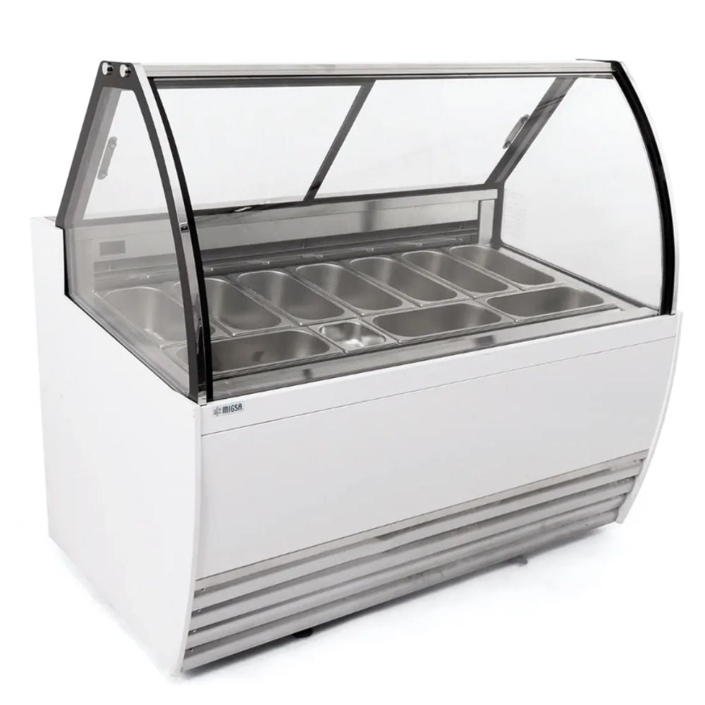 Vitrina Migsa DW-10, vitrina exhibidora cristal curvo, en acero inoxidable.