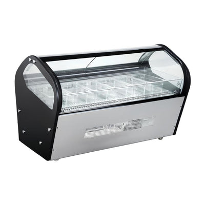 Vitrina Migsa RTD-122L, vitrina exhibidora cristal curvo, en acero inoxidable.