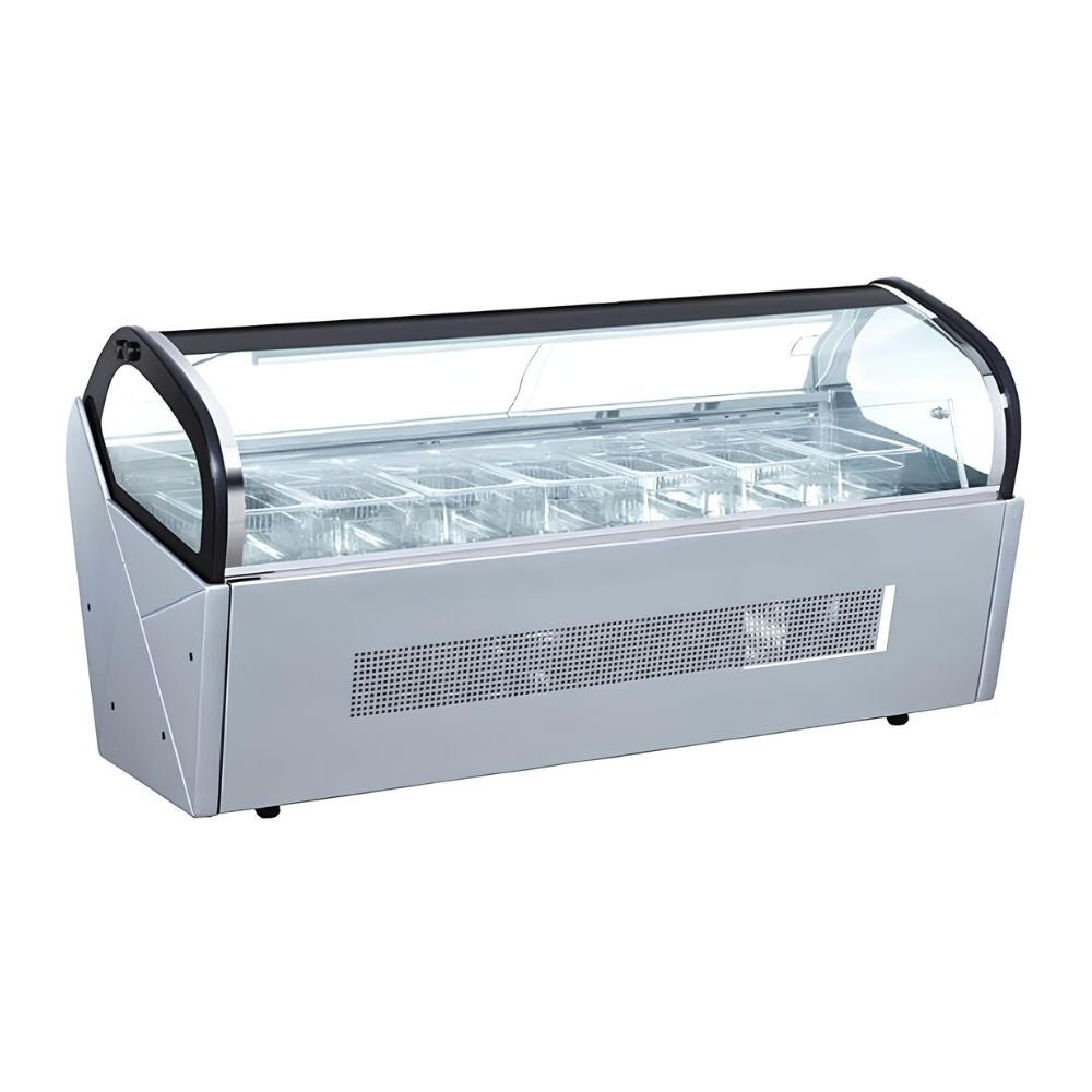 Vitrina Migsa RTD-142L, vitrina exhibidora cristal curvo, en acero inoxidable.