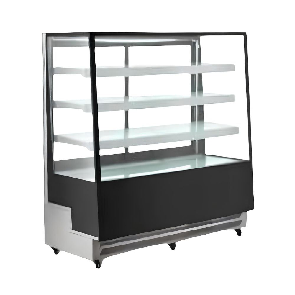 Vitrina refrigerada de piso Migsa ARC-500L en lámina de acero color negro, 4 caras de cristal doble y 3 entrepaños ajustables, frente de 120 cm, 650 litros.