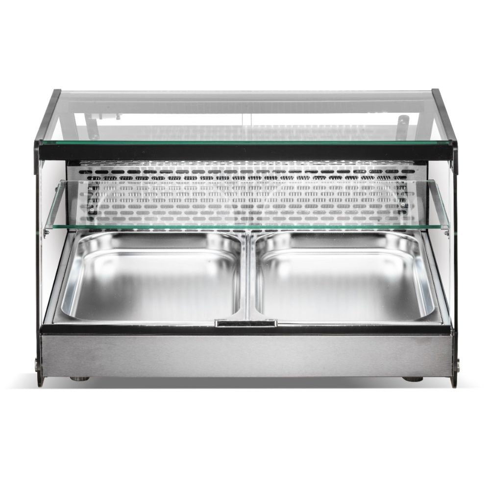 Vitrina refrigerada Migsa CW-128 sobre mostrador, cristal recto con puertas corredizas, 112 litros, color acero y negro.