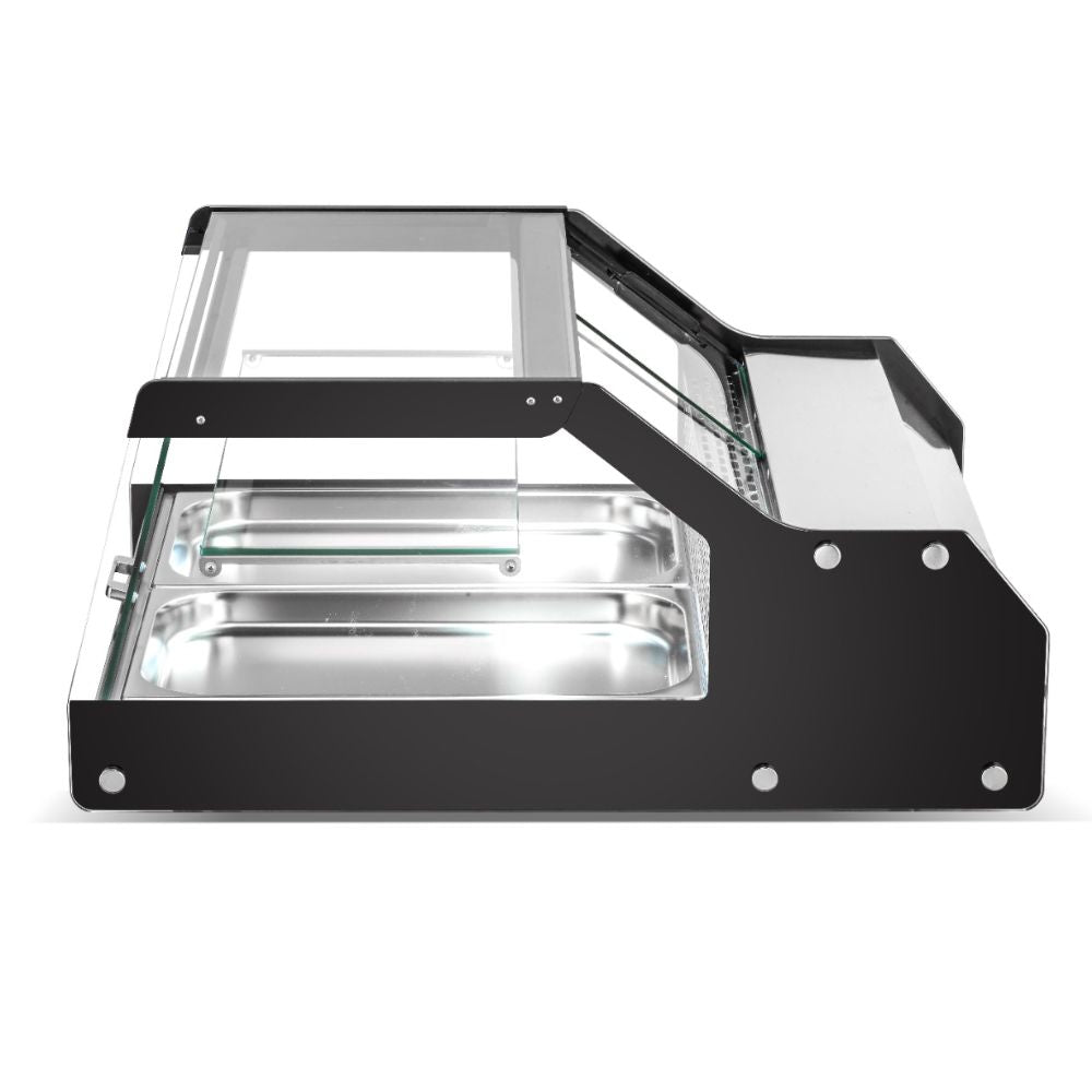 Vitrina refrigerada Migsa CW-128 sobre mostrador, cristal recto con puertas corredizas, 112 litros, color acero y negro.