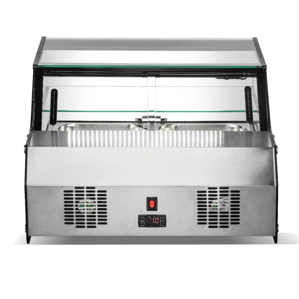 Vitrina refrigerada Migsa CW-128 sobre mostrador, cristal recto con puertas corredizas, 112 litros, color acero y negro.