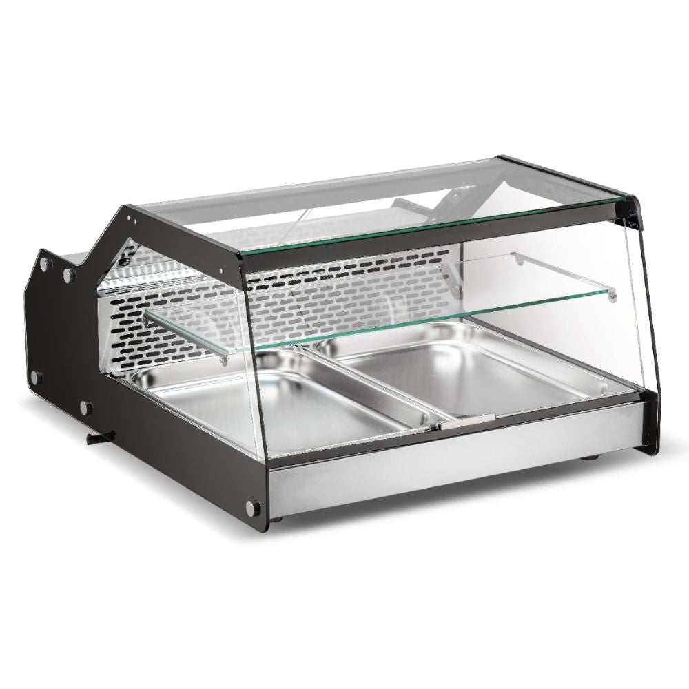 Vitrina refrigerada Migsa CW-128 sobre mostrador, cristal recto con puertas corredizas, 112 litros, color acero y negro.