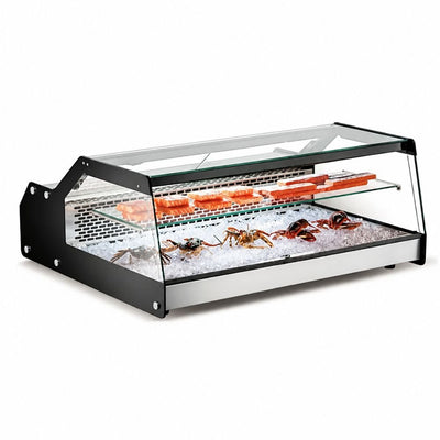 Vitrina refrigerada Migsa CW-128 sobre mostrador, cristal recto con puertas corredizas, 112 litros, color acero y negro.