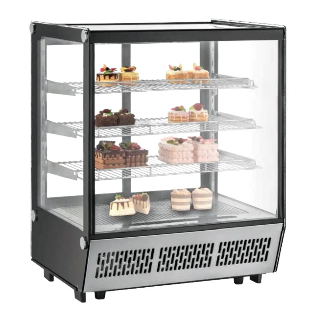 Vitrina refrigerada Migsa CW-235 de cristal recto con 4 niveles de exhibición, frente de 122 cm, 288 litros, color acero y negro.
