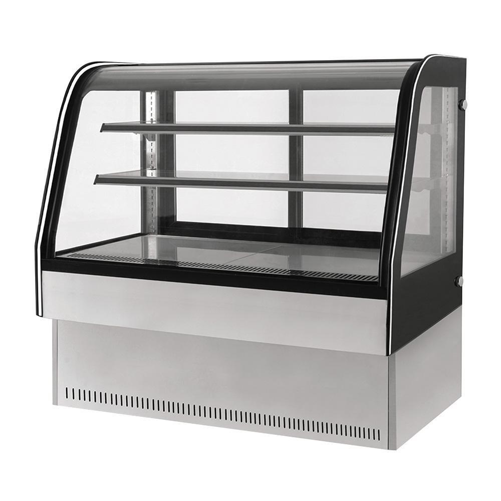 Vitrina exhibidora refrigerada Migsa GN-1500C2 de cristal curvo templado con 2 entrepaños de cristal y puertas deslizables, acero inoxidable, frente de 150 cm, 387 litros.
