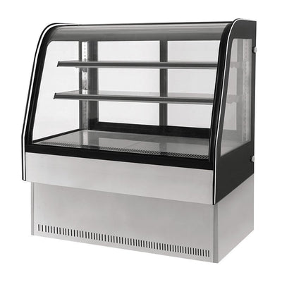 Vitrina exhibidora refrigerada Migsa GN-900C2 de cristal curvo templado con 2 entrepaños de cristal y puertas deslizables, acero inoxidable, frente de 90 cm, 225 litros.