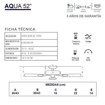Ventilador decorativo de techo Masterfan Aqua 52 de 3 aspas de ABS maple con estructura negro mate para exterior
