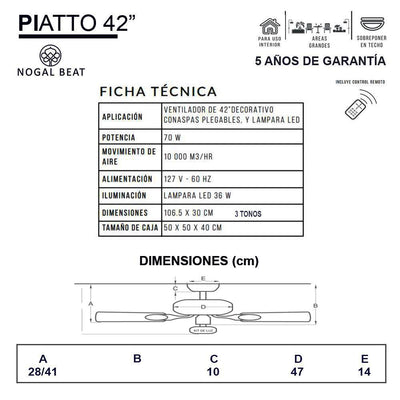 Ventilador decorativo de techo Masterfan Piatto 42 de 4 aspas transparentes desplegables con estructura blanca